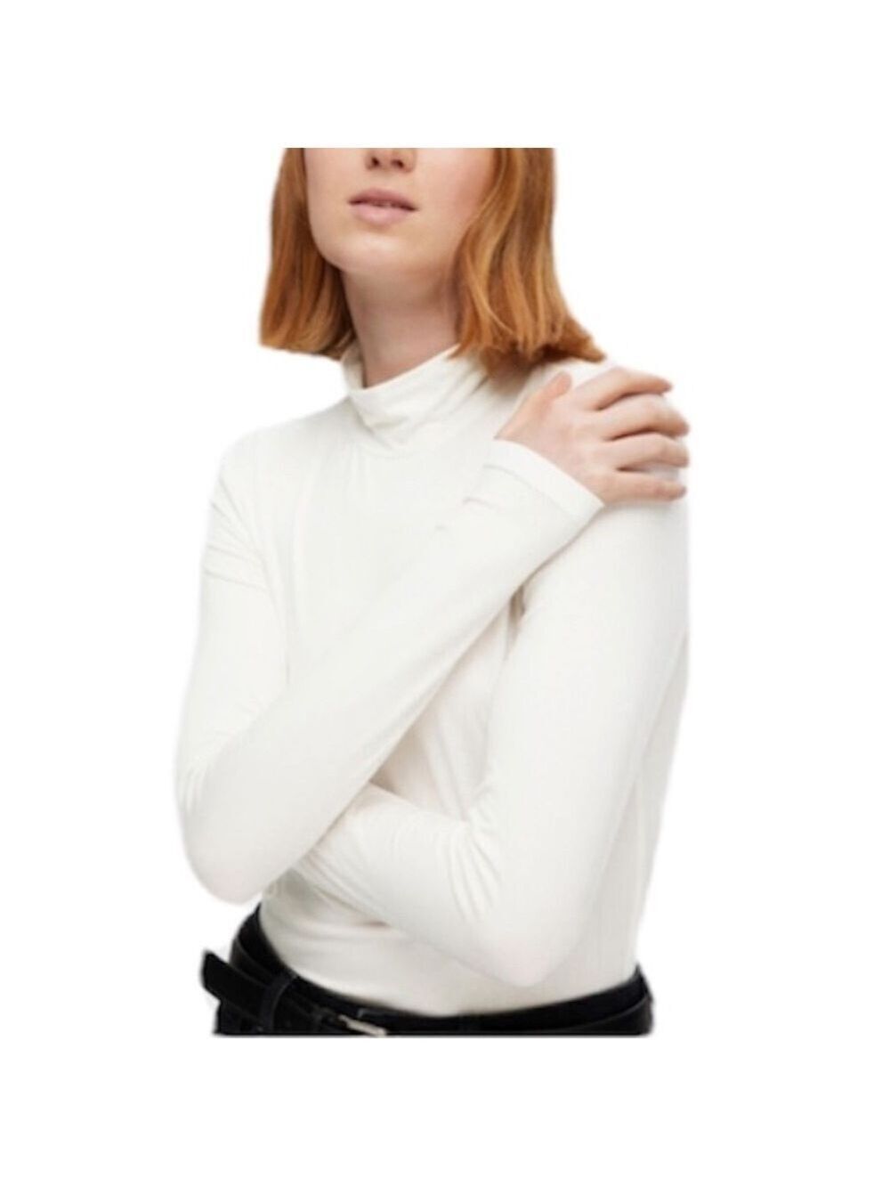 Selected Femme Denmark minimalist white cotton sheer mock neck long sleeve top M
